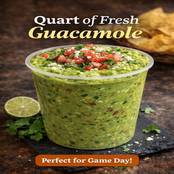 A quart of fresh guacamole topped with diced tomatoes, cilantro, and cotija cheese, with a lime and tortilla chips.