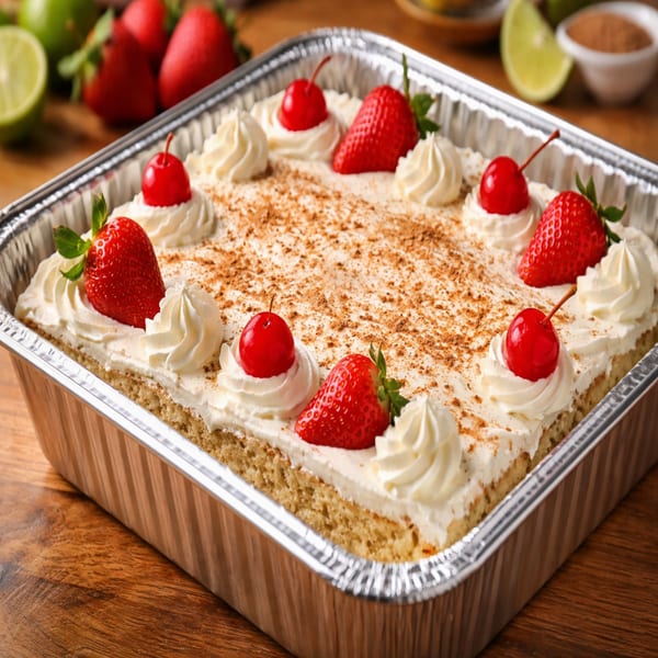 Tres Leches cake in a foil pan, topped with whipped cream, strawberries, cherries, and cinnamon.
