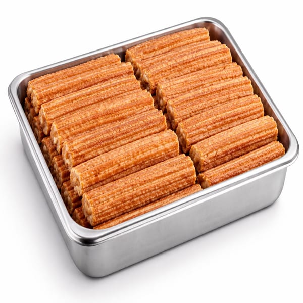 A metal tray filled with rows of golden-brown churros, ready to be served at Picante Taco Restaurant.