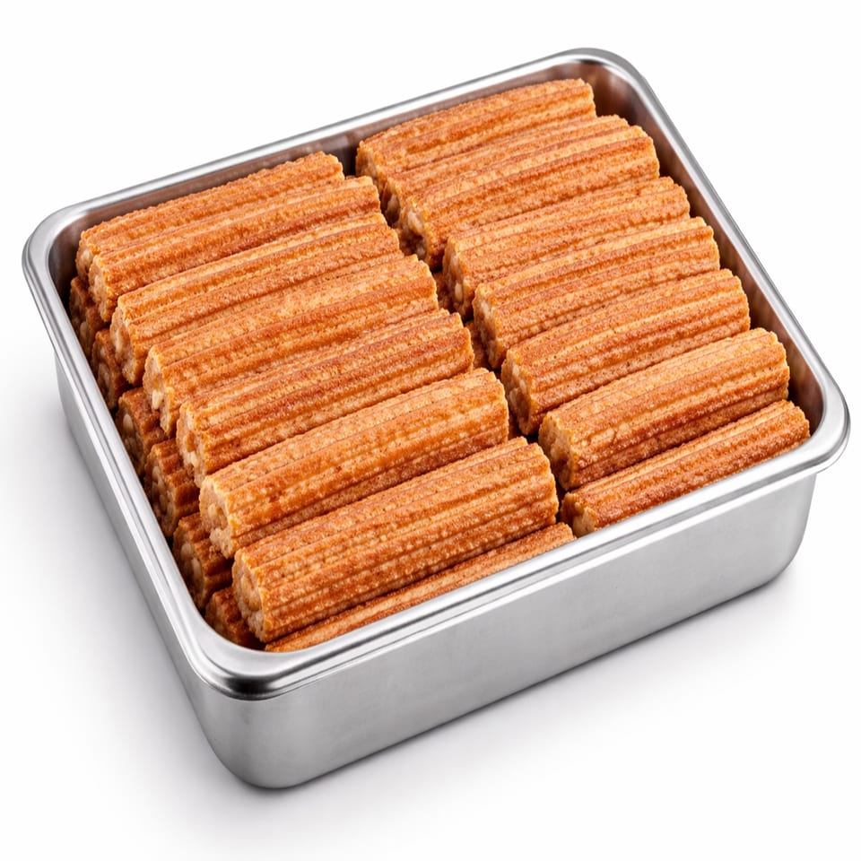 A metal tray filled with rows of golden-brown churros, ready to be served at Picante Taco Restaurant.
