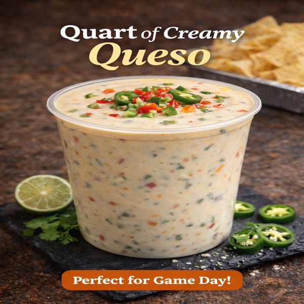 A quart of creamy queso with diced peppers and jalapeños, alongside lime and tortilla chips.