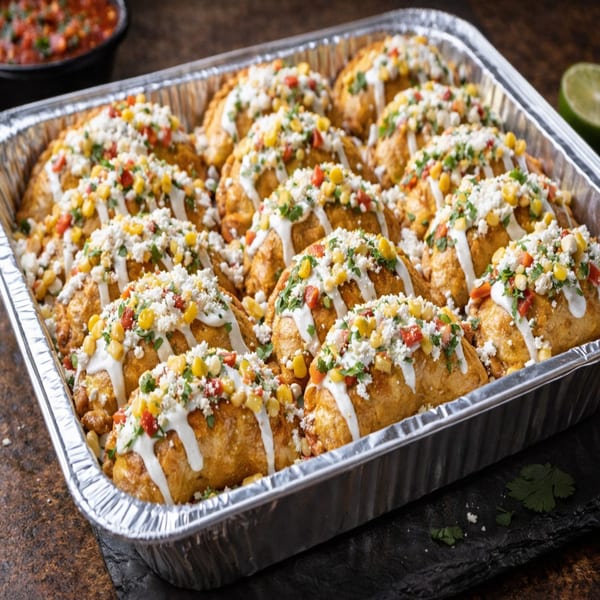 A foil tray filled with many golden-brown empanadas, drizzled with white sauce, corn, and red peppers.