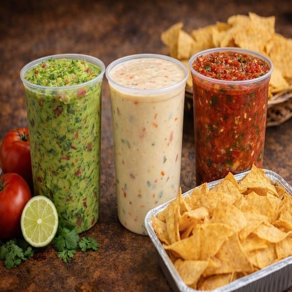 Three large containers of guacamole, queso, and salsa with tortilla chips, tomatoes, and lime.
