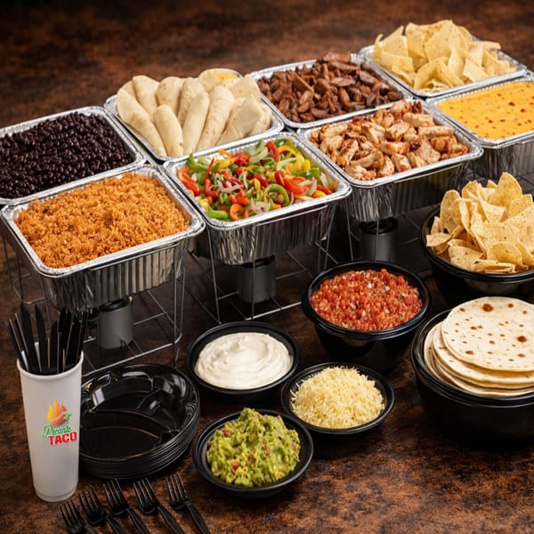Picante Taco Restaurant's catering spread with various Mexican dishes, including rice, beans, meats, and toppings.