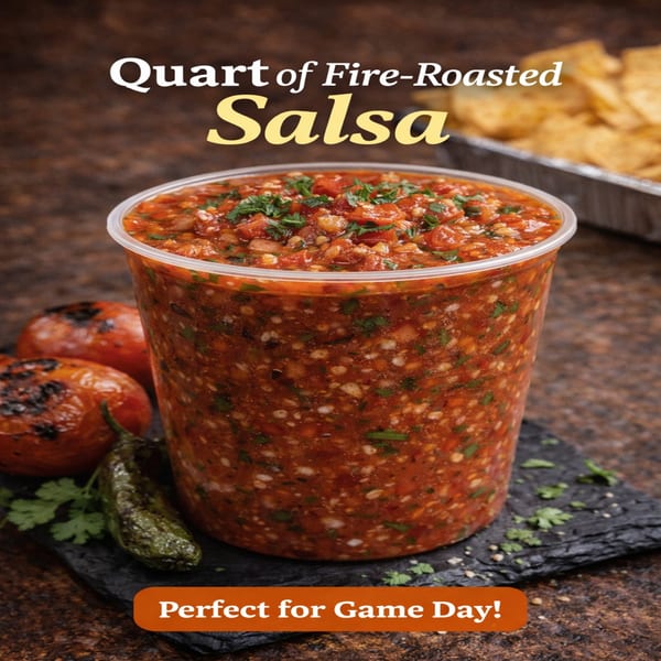 A quart of Picante Taco Restaurant's fire-roasted salsa with charred tomatoes, pepper, and tortilla chips.