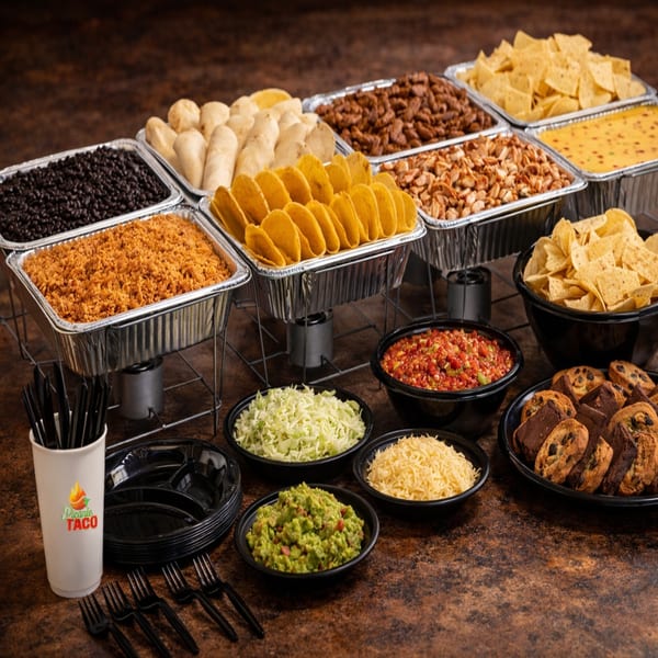 Picante Taco Restaurant catering spread with tacos, beans, rice, chips, salsa, guacamole, and desserts.