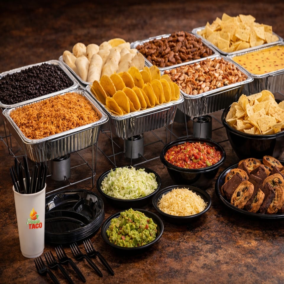 Picante Taco Restaurant catering spread with tacos, beans, rice, chips, salsa, guacamole, and desserts.