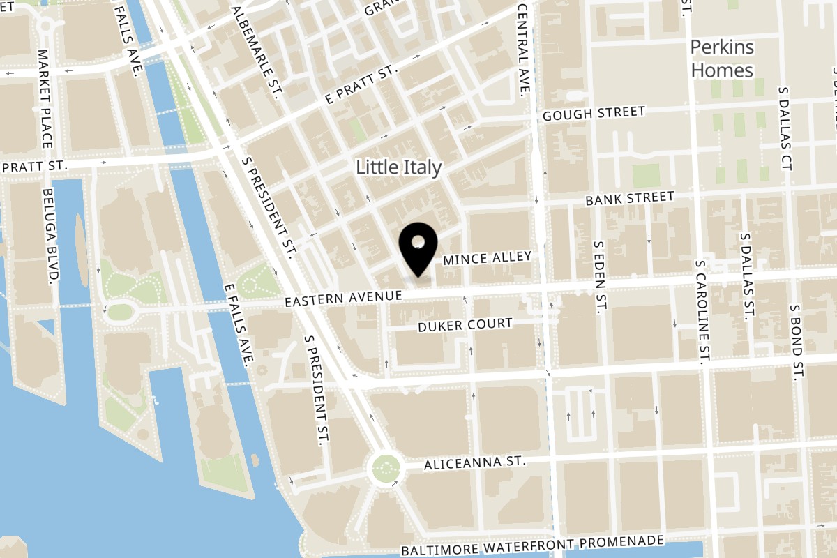 Map showing the location of Picante Taco Restaurant on 411 South High Street in Baltimore